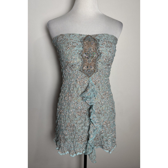 Ann Ferriday Fairy Grunge Strapless Tube Top One Size Pucker Lace Beaded Ruffle - Picture 1 of 9
